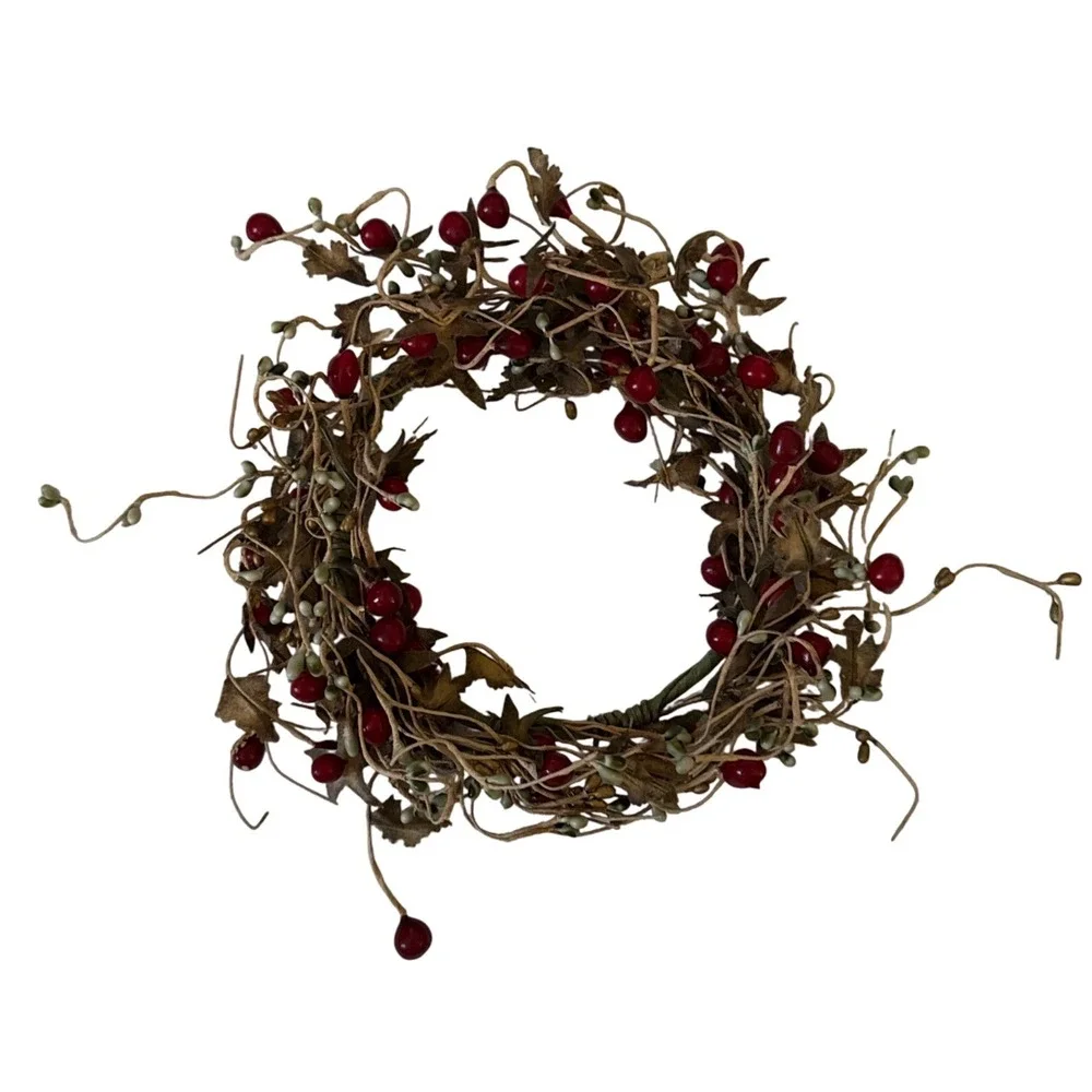 Rustic Berry Leaf Candle Ring Wreath Autumn Fall Decor 8